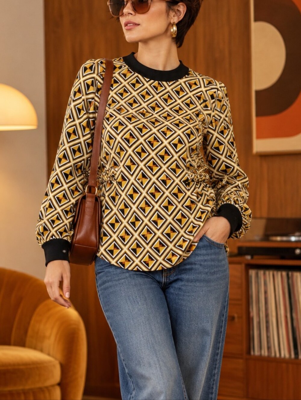 Mafadeny Geometric Print Long Sleeve Top Women's Size L